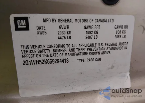 2005 Chevrolet Impala Ls z USA, uszkodzony, nr VIN 2G1WH52K659294413